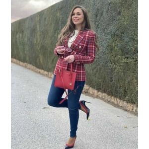 Zara FW20 Double Breasted Plaid Blazer Red Black White Size XS